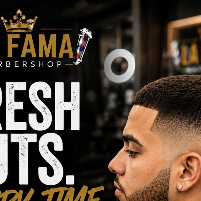 Fresh fade haircut with sharp line-up at La Fama Barbershop, Bronx NY